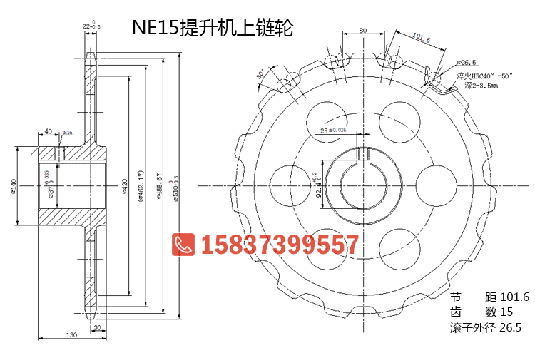 NE15斗式提升机上链轮图纸尺寸